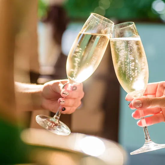 明るい陽光が差し込む中、二人の手がシャンパングラスを掲げて乾杯しているクローズアップ。