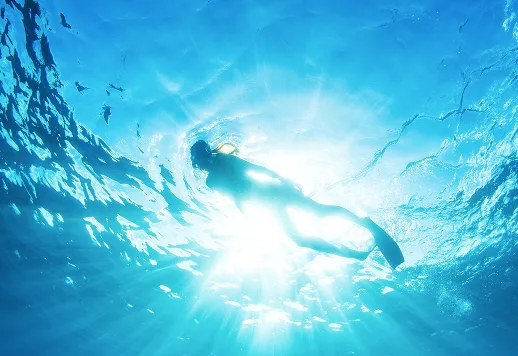 澄み切った青い海の中、水面から差し込む太陽の光に向かって泳ぐシュノーケラーのシルエット。